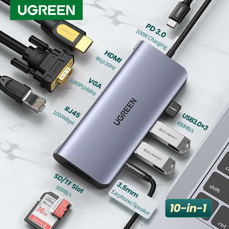 Cáp chuyển đổi USB type C (USB 3.1) 10 trong 1 Ugreen 80133, USB type C to HDMI+ VGA+LAN+ 3 USB 3.0+SD+ TF+USB type C+ 3.5mm